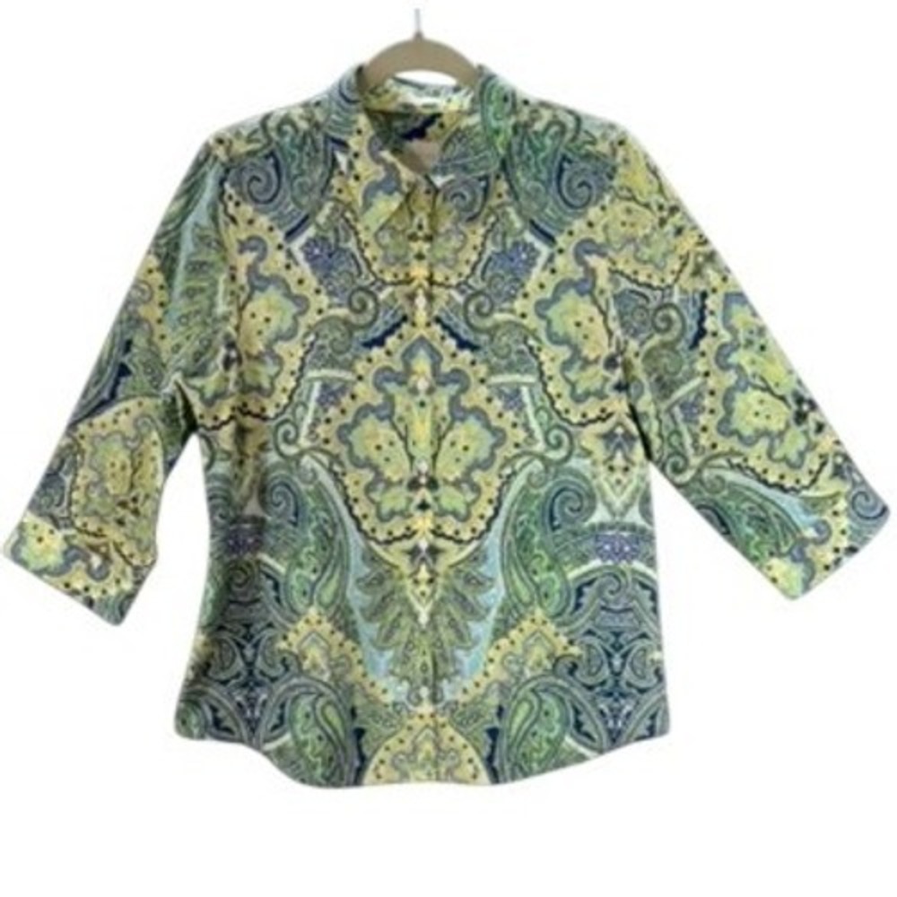 Chico's Shirt Womens Sz M Button Down Green Yellow Paisley No Iron Top